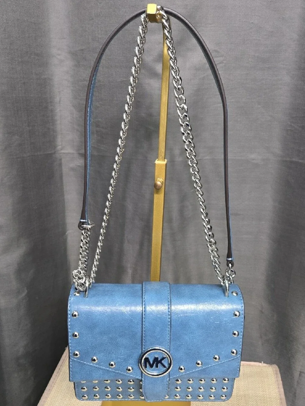 Michael Kors Sky Blue Studded Leather Chain Crossbody